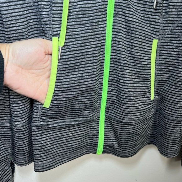 Lukka Womens Hooded Athletic Jacket Gray Black Stripe Neon Zip Thumb Holes Sz XL - Picture 7 of 15